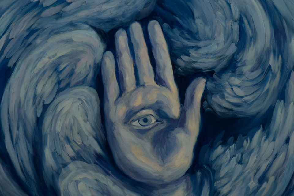 Joan Gratz painting from "The Prophet" A hand is palm forward with an eye in the center. Clouds swirl around behind them.