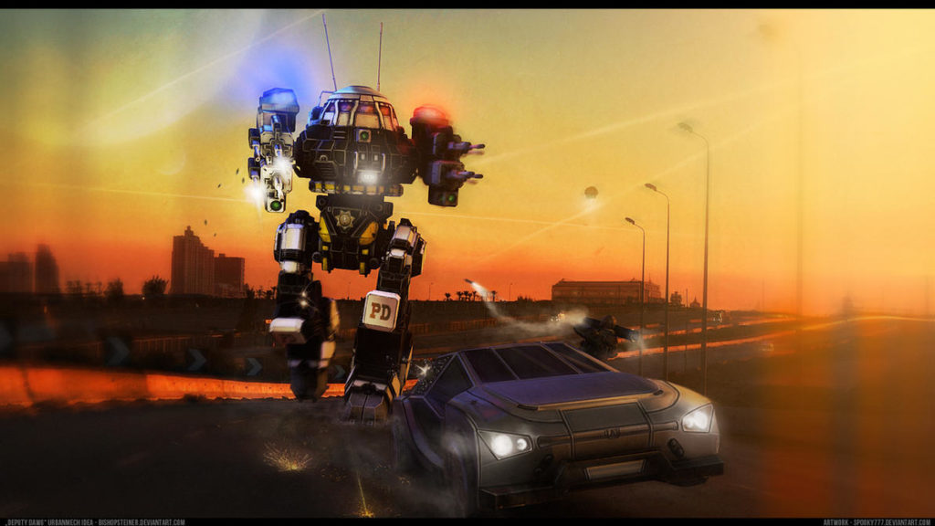 Pursuit, an artwork by Spooky 777 depicting an urbanmech with police sirens and lights chasing a car as comissioned by Bishop Steiner